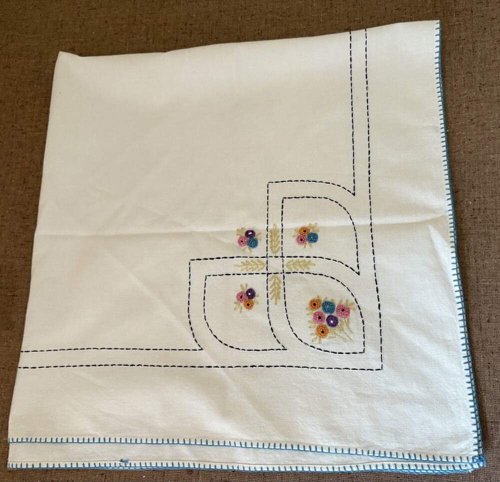 Vintage Tablecloth Square Hand Embroidered 32x32” Raised Flowers Floral Design